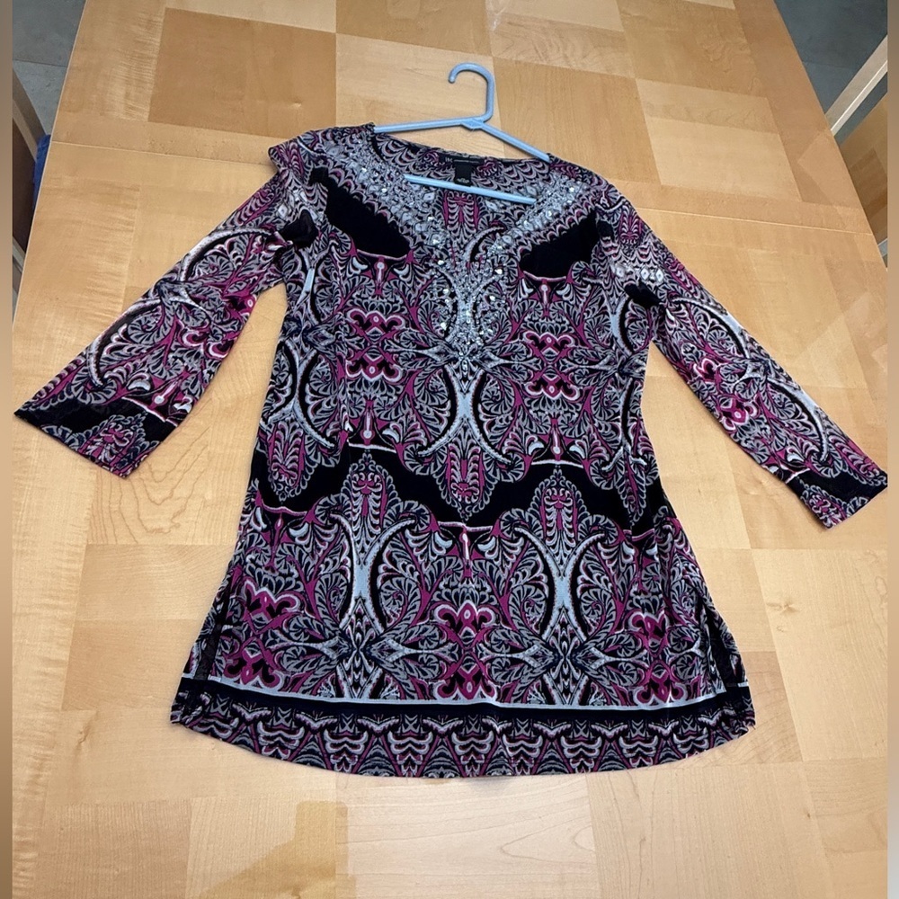 INC International Concepts Black and Pink Paisley Top